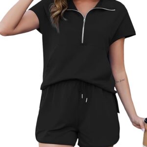 Marvmys Summer Track Suits for Women Set 2 Piece Short Sleeve Half Zip Sweatshirt and Shorts Sweatsuits Set