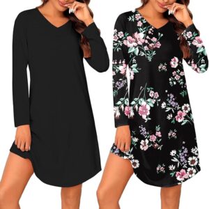 Marvmys 2 Pack Nightgowns for Women Long Sleeve Night Shirts Sleepwear V Neck Night Gown for Adult Women S-3XL