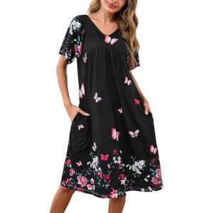 Marvmys Womens House Dress Short Sleeve Nightgown Floral Print Mumu Dress with Pockets V Neck Sleepwear S-3XL