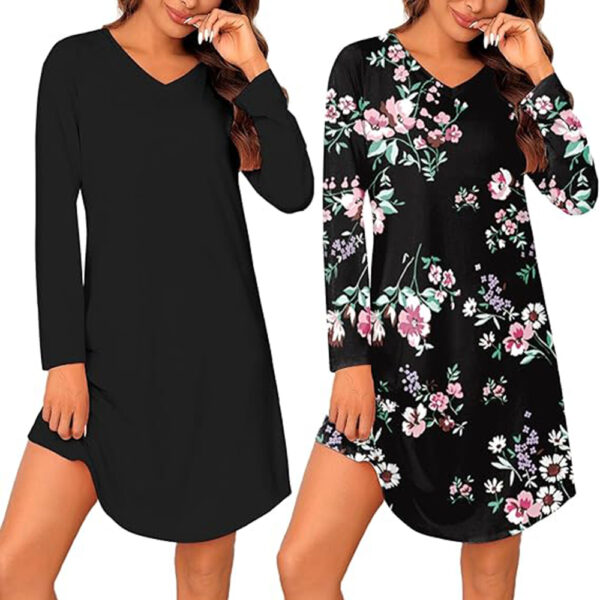 Marvmys 2 Pack Nightgowns for Women Long Sleeve Night Shirts Sleepwear V Neck Night Gown for Adult Women S-3XL