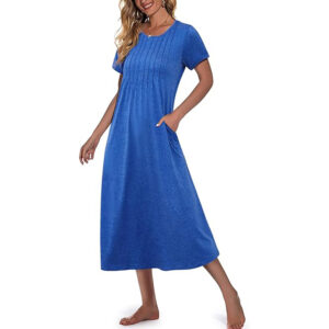 Marvmys Womens Long Cotton Nightgown Short Sleeve Nightshirt O Neck Sleepwear Full Length Sleepshirt with Pockets S-3XL