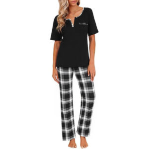 Marvmys Women's Pajama Set Short Sleeve Soft Plaid Pajamas Top and Pants Sleepwear Pjs Lounge Set S-2XL