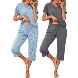 Marvmys Womens 2 Pack Pajama Sets Short Sleeve Pajamas Tops and Capri Pants Pjs Print Lounge Sets with Pockets S-3XL