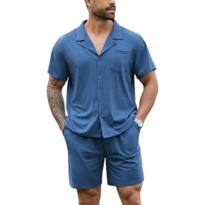 Marvmys Men Pajama Set Cotton Sleepwear Short Sleeve Button Down Pajamas Loungewear 2 Piece Pj Set with Pockets S-2XL