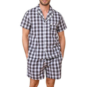 Marvmys Mens 100% Cotton Pajama Set Sleepwear Short Sleeve Pj Set Button Down Lounge Set Plaid Pajamas S-3XL