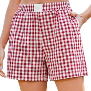 Marvmys Womens Boxer Shorts Cotton Plaid Gingham Shorts Summer Elastic Waist Pajama Buttoms with Pockets