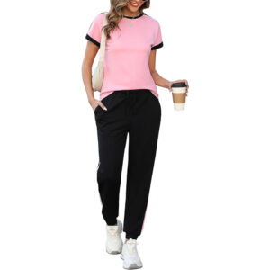 Marvmys Women Short Sleeve Tracksuit Set 2 Piece Sweat Set Outfits Color Block Jogging Suits with Pockets