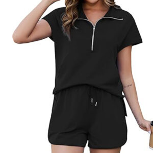 Marvmys Summer Track Suits for Women Set 2 Piece Short Sleeve Half Zip Sweatshirt and Shorts Sweatsuits Set