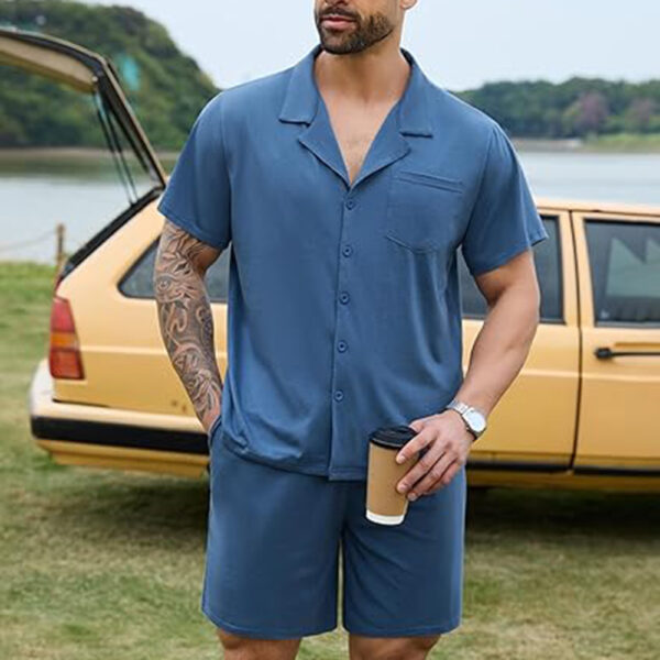 Marvmys Men Pajama Set Cotton Sleepwear Short Sleeve Button Down Pajamas Loungewear 2 Piece Pj Set with Pockets S-2XL - Image 2