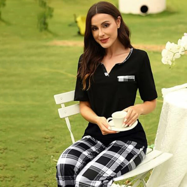 Marvmys Women's Pajama Set Short Sleeve Soft Plaid Pajamas Top and Pants Sleepwear Pjs Lounge Set S-2XL - Image 3