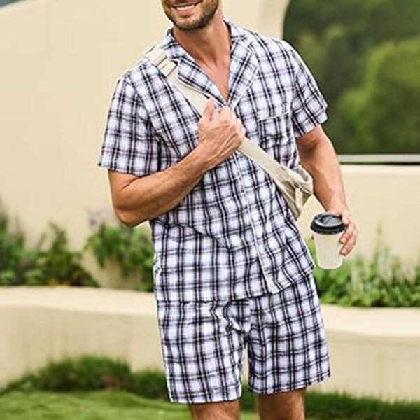 Marvmys Mens 100% Cotton Pajama Set Sleepwear Short Sleeve Pj Set Button Down Lounge Set Plaid Pajamas S-3XL - Image 3