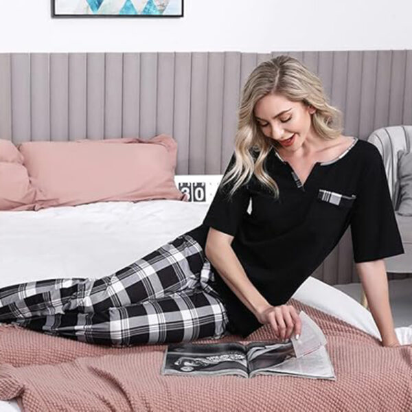 Marvmys Women's Pajama Set Short Sleeve Soft Plaid Pajamas Top and Pants Sleepwear Pjs Lounge Set S-2XL - Image 5