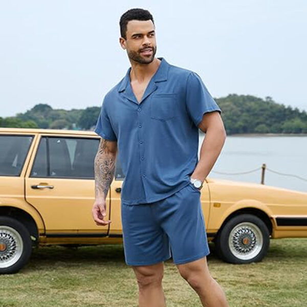Marvmys Men Pajama Set Cotton Sleepwear Short Sleeve Button Down Pajamas Loungewear 2 Piece Pj Set with Pockets S-2XL - Image 5