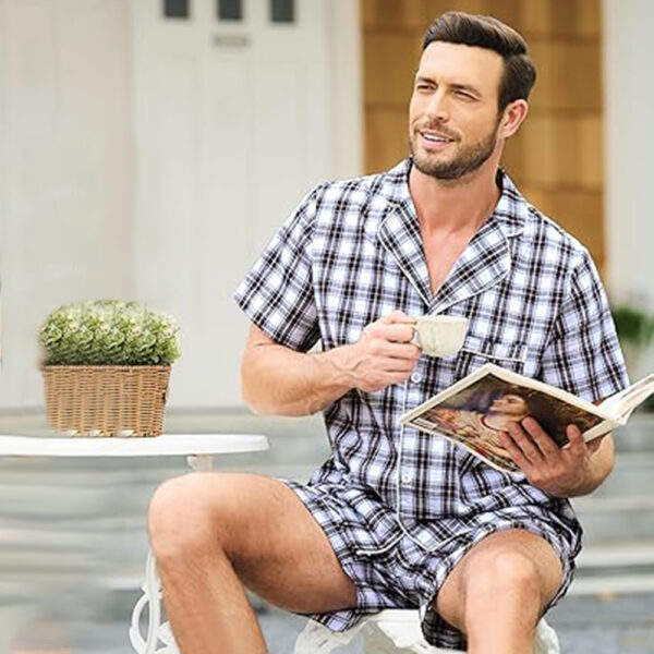 Marvmys Mens 100% Cotton Pajama Set Sleepwear Short Sleeve Pj Set Button Down Lounge Set Plaid Pajamas S-3XL - Image 5