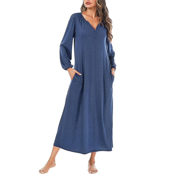 Marvmys Womens Cotton Long Sleeve Nightgown Long Sleepshirts Full Length Henley Sleep Dress with Pockets