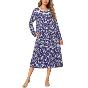 Marvmys Women Long Sleeve Nightgowns Cotton House Dress with Pockets Soft Nightshirt Sleepwears
