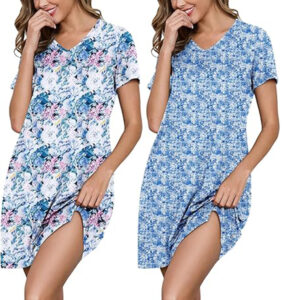 Marvmys Women 2 Pack Nightgowns Soft Short Sleeve Sleep Shirts Sleepwear V Neck Comfy Lounge Dress Nightshirts