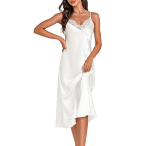 Marvmys Womens Satin Long Nightgown Lace Trim Silk Lingerie Slip Dress Sexy Spaghetti Strap Nightdress
