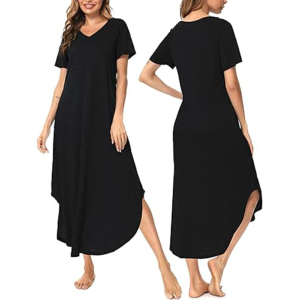 Marvmys Women Short Sleeves Long Nightgown Super Soft Sleepwear Comfy V Neck Cotton Nightshirts with Pocket - Image 2
