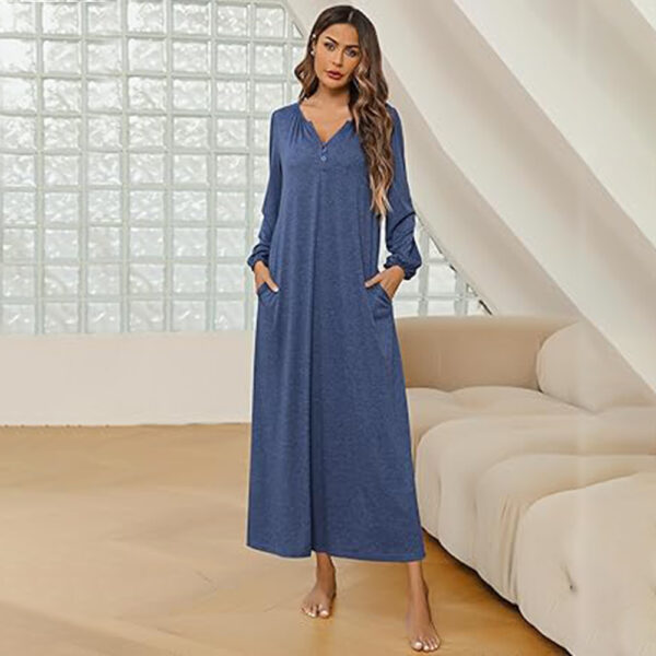Marvmys Womens Cotton Long Sleeve Nightgown Long Sleepshirts Full Length Henley Sleep Dress with Pockets - Image 3