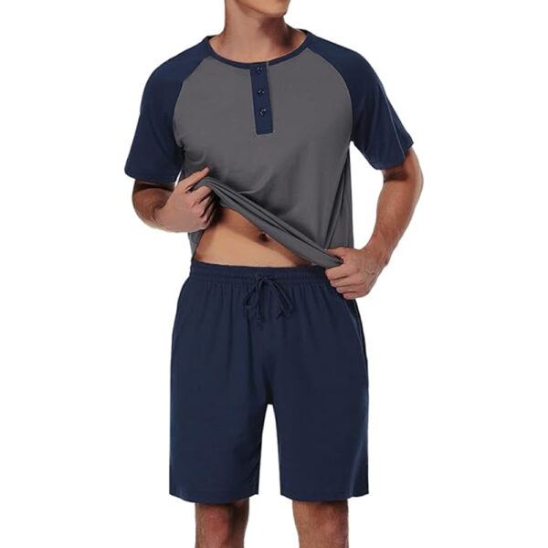 Men's Cotton Pajamas Sets V Neck Lounge Set Sleepwears with Pocket - Image 3