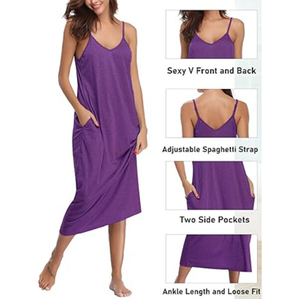 Marvmys Womens Cotton Long Nightgowns Spaghetti Strap V Neck Full Slip Sleep Shirts with Pockets - Image 3