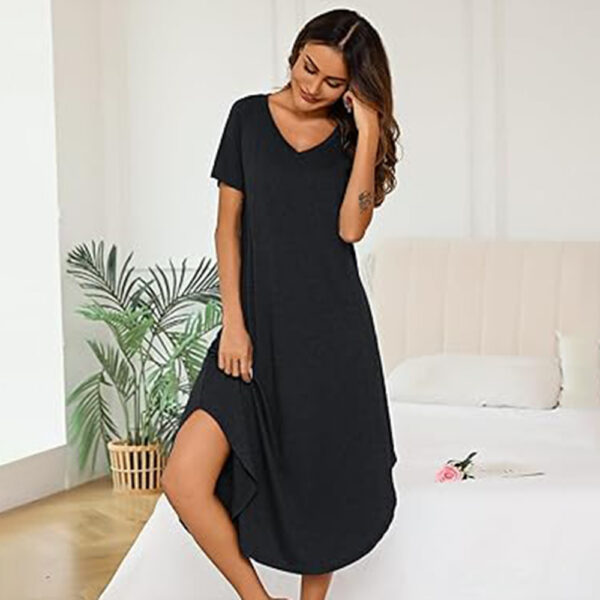 Marvmys Women Short Sleeves Long Nightgown Super Soft Sleepwear Comfy V Neck Cotton Nightshirts with Pocket - Image 3