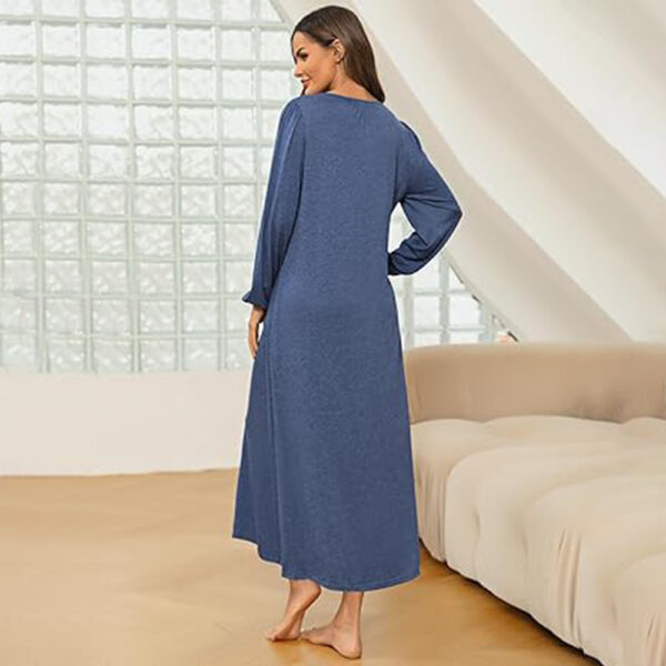 Marvmys Womens Cotton Long Sleeve Nightgown Long Sleepshirts Full Length Henley Sleep Dress with Pockets - Image 4