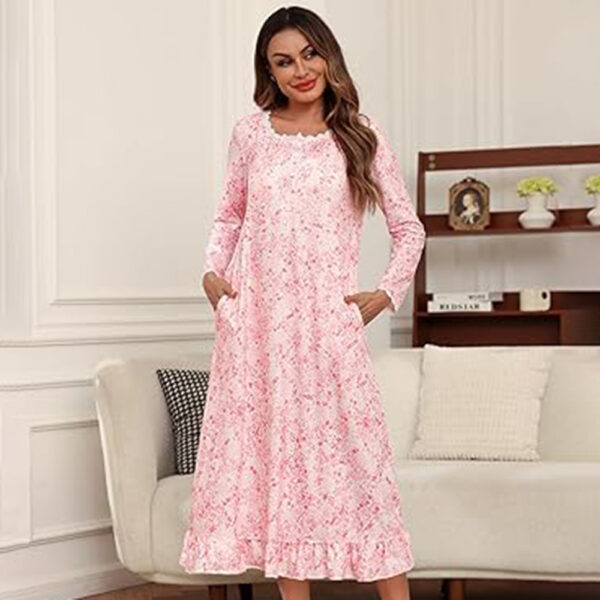 Marvmys Womens Cotton Long Sleeve Nightgown Long Sleepshirts Lace Trim Victorian Sleepwear with Pockets - Image 4