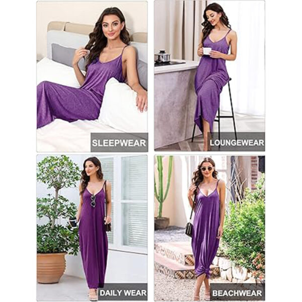 Marvmys Womens Cotton Long Nightgowns Spaghetti Strap V Neck Full Slip Sleep Shirts with Pockets - Image 4