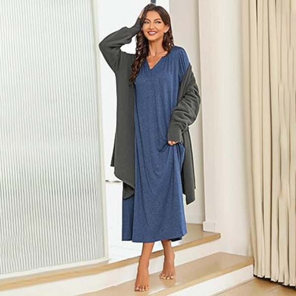Marvmys Womens Cotton Long Sleeve Nightgown Long Sleepshirts Full Length Henley Sleep Dress with Pockets - Image 5