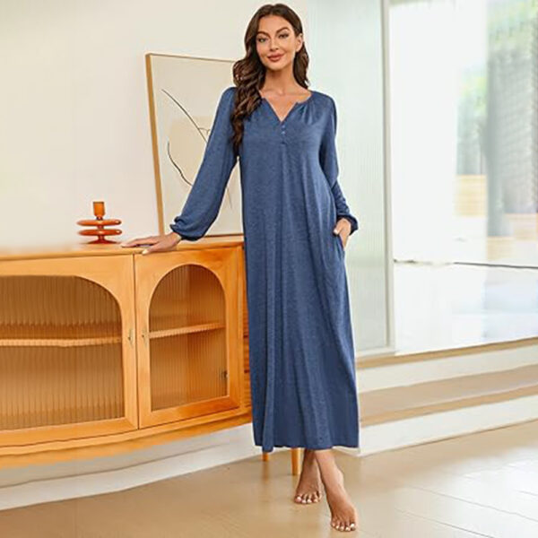 Marvmys Womens Cotton Long Sleeve Nightgown Long Sleepshirts Full Length Henley Sleep Dress with Pockets - Image 6